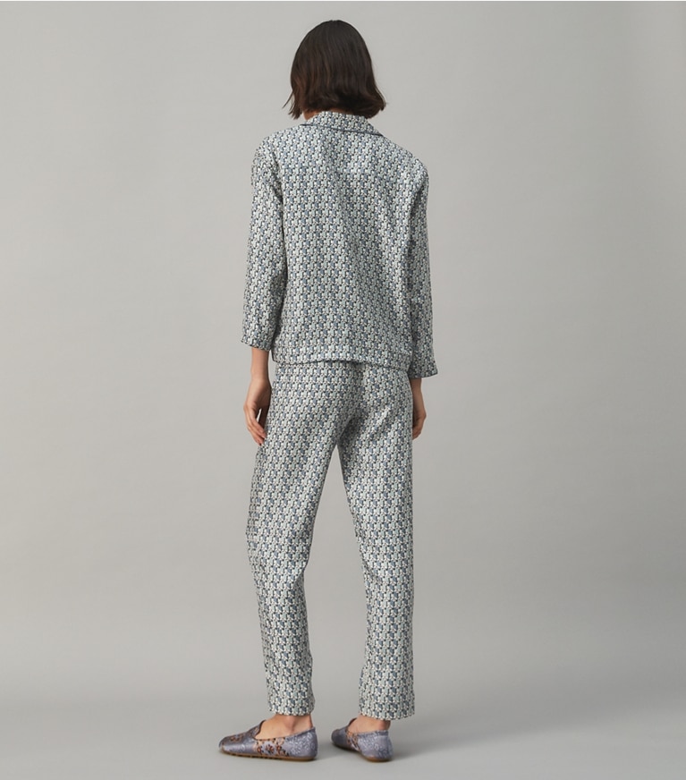 Tory Burch designer tops Silk Twill Pajama Set in MISTY BLUE BLOCK TULIP front