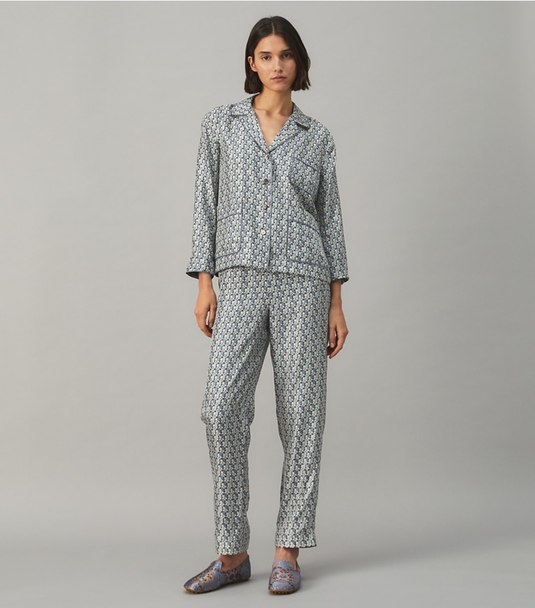 Tory Burch designer tops Silk Twill Pajama Set in MISTY BLUE BLOCK TULIP front