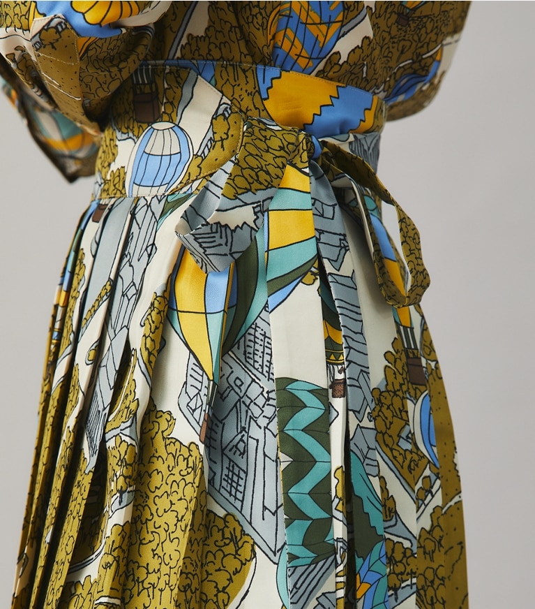 Tory Burch designer bottoms Silk Twill Pleated Wrap Skirt in  BALLOONS IN THE SKY front