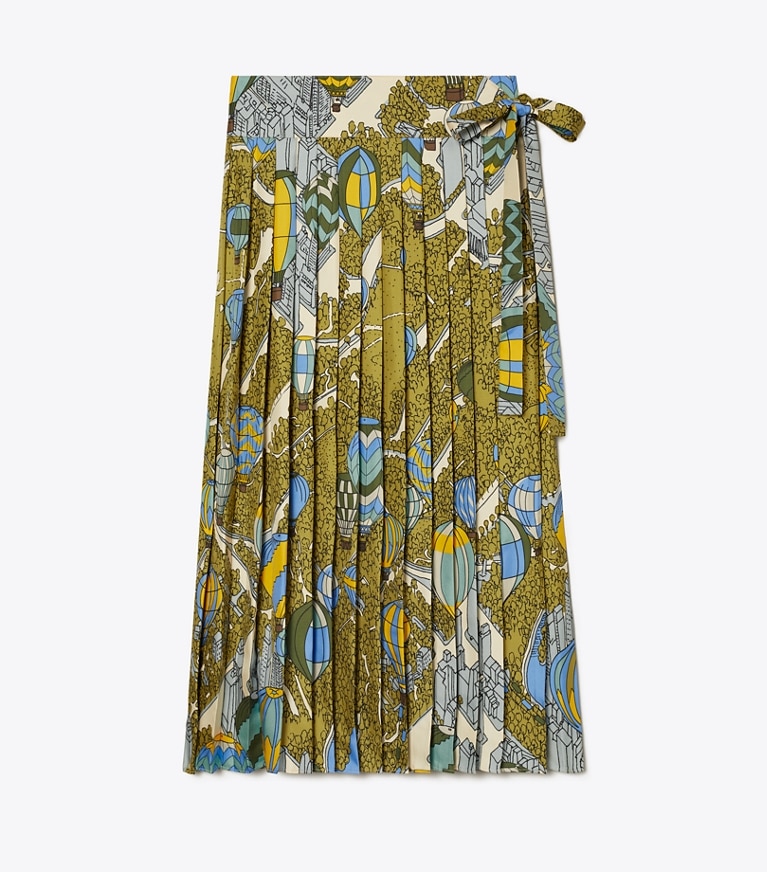 Tory Burch designer bottoms Silk Twill Pleated Wrap Skirt in  BALLOONS IN THE SKY front
