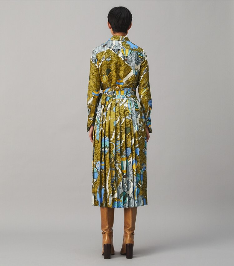 Tory Burch designer bottoms Silk Twill Pleated Wrap Skirt in  BALLOONS IN THE SKY on model back