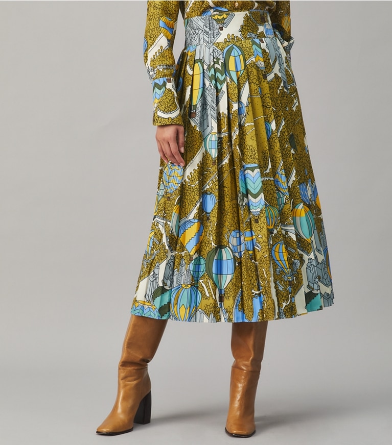 Tory Burch designer bottoms Silk Twill Pleated Wrap Skirt in  BALLOONS IN THE SKY front