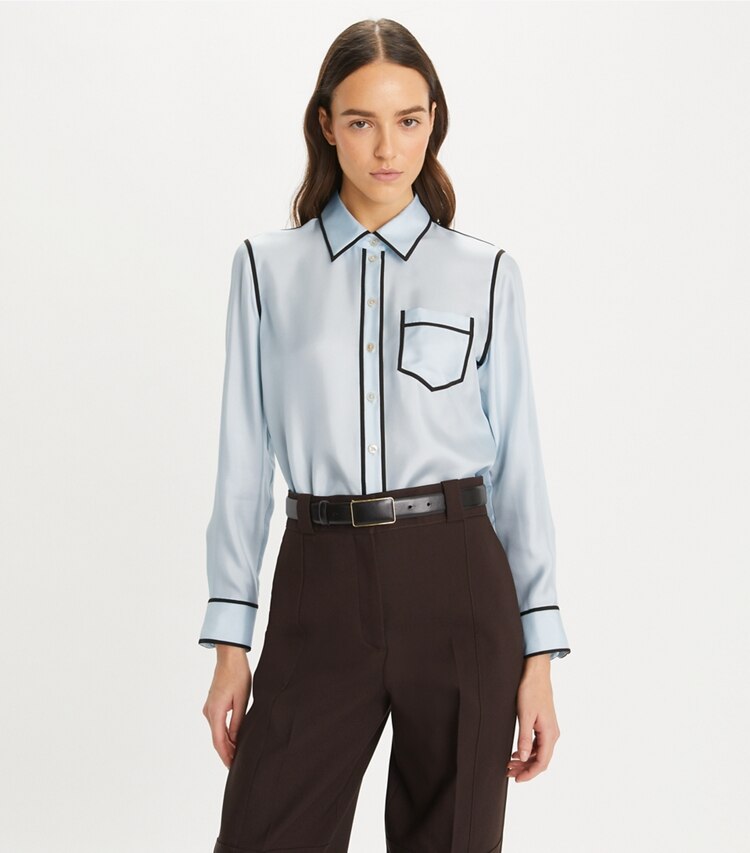 Tory Burch designer tops Silk Twill Shirt in Iced Blue on model detail