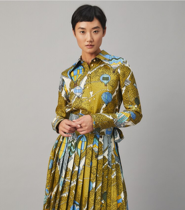 Tory Burch designer tops Silk Twill Shirt in BALLOONS IN THE SKY on model detail