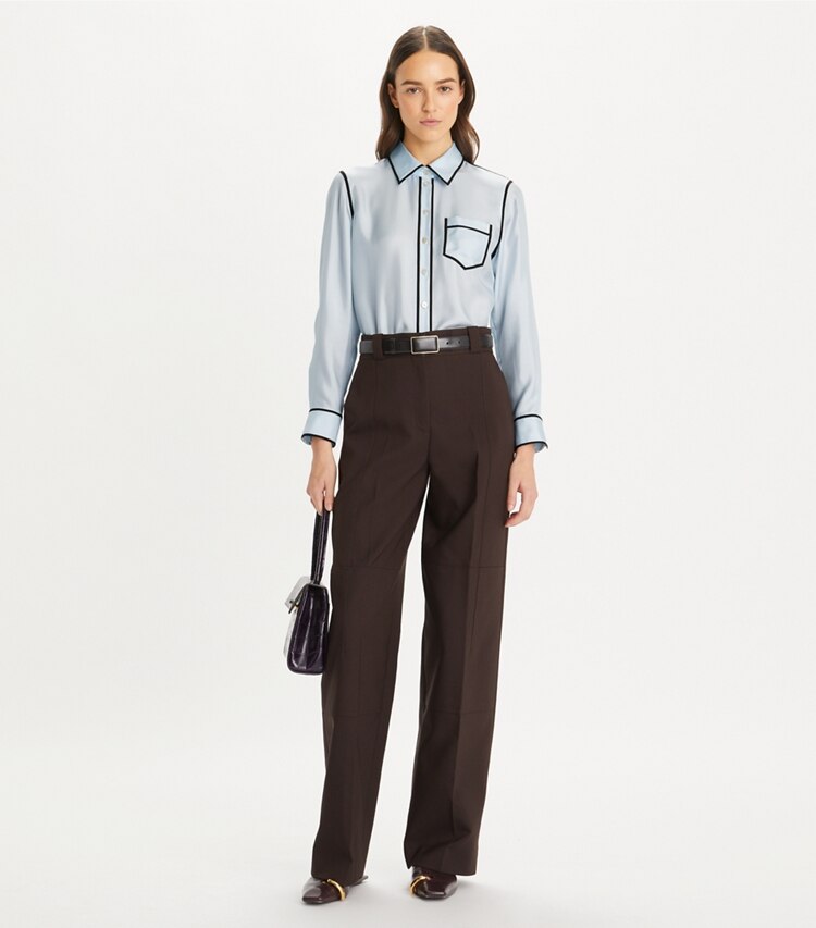 Tory Burch designer tops Silk Twill Shirt in Iced Blue on model front