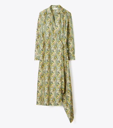 Tory Burch designer dresses Silk Wrap Dress in Blue Dream Paisley front