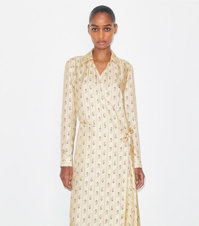Tory Burch designer dresses Silk Wrap Dress in Playa Pajama Print front