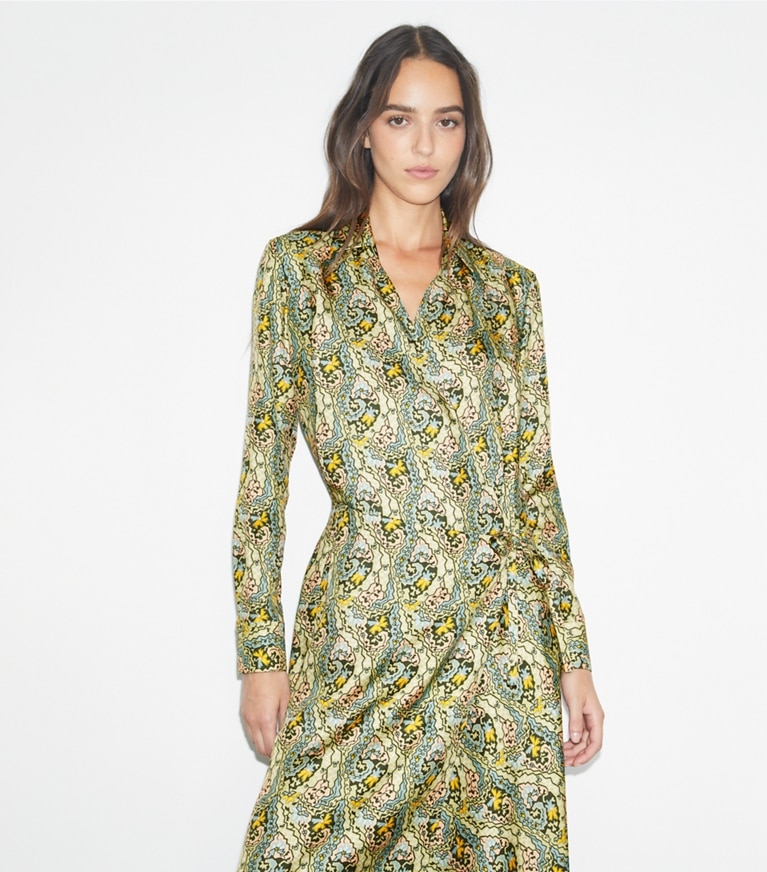 Tory Burch designer dresses Silk Wrap Dress in Blue Dream Paisley front