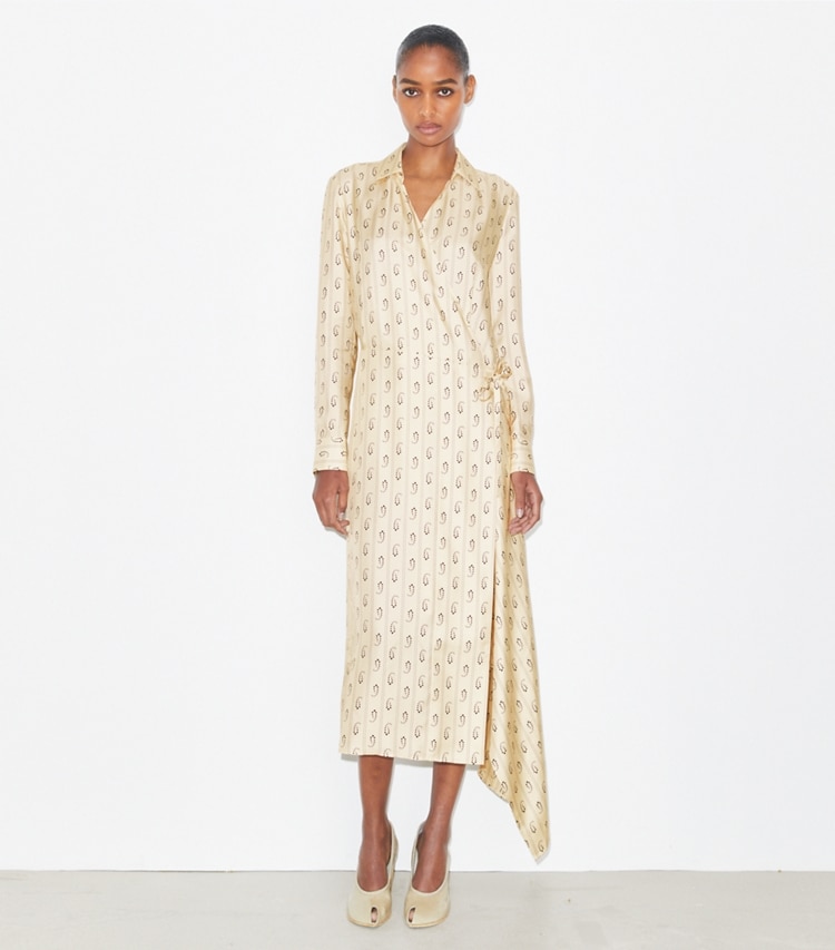 Tory Burch designer dresses Silk Wrap Dress in Playa Pajama Print on model front