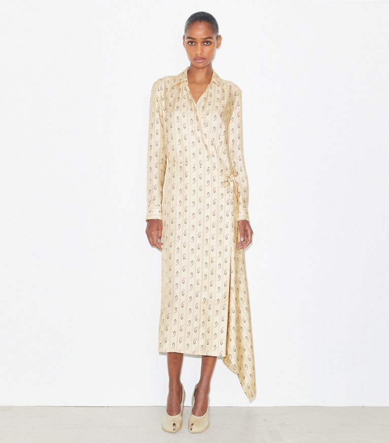 Tory Burch designer dresses Silk Wrap Dress in Playa Pajama Print front