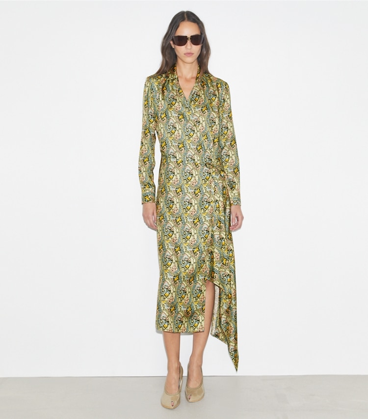 Tory Burch designer dresses Silk Wrap Dress in Blue Dream Paisley on model front