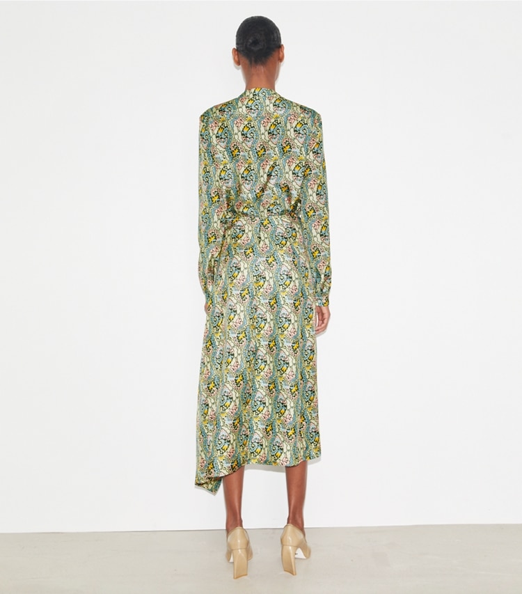 Tory Burch designer bottoms Silk Wrap Skirt in Blue Dream Paisley on model back