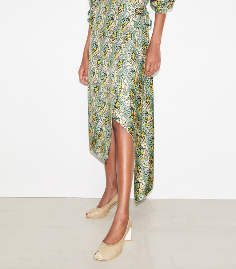 Tory Burch designer bottoms Silk Wrap Skirt in Blue Dream Paisley front