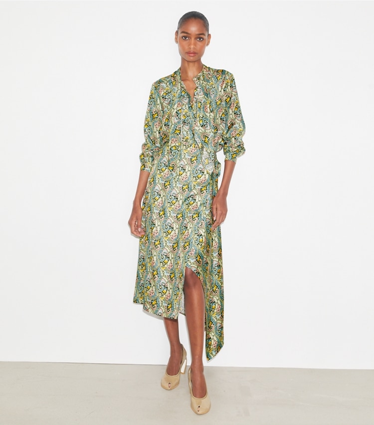 Tory Burch designer bottoms Silk Wrap Skirt in Blue Dream Paisley on model front