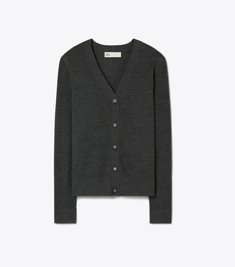 Tory Burch designer sweaters Simone Cardigan in Soft Charcoal Melange front