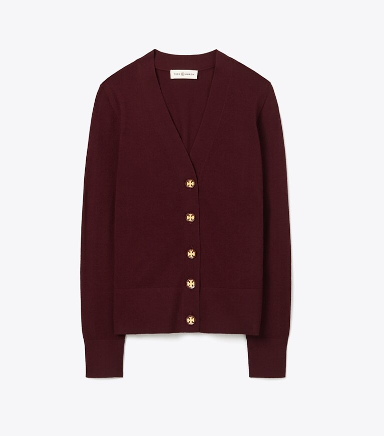 Tory Burch designer sweaters Simone Cardigan in Claret front