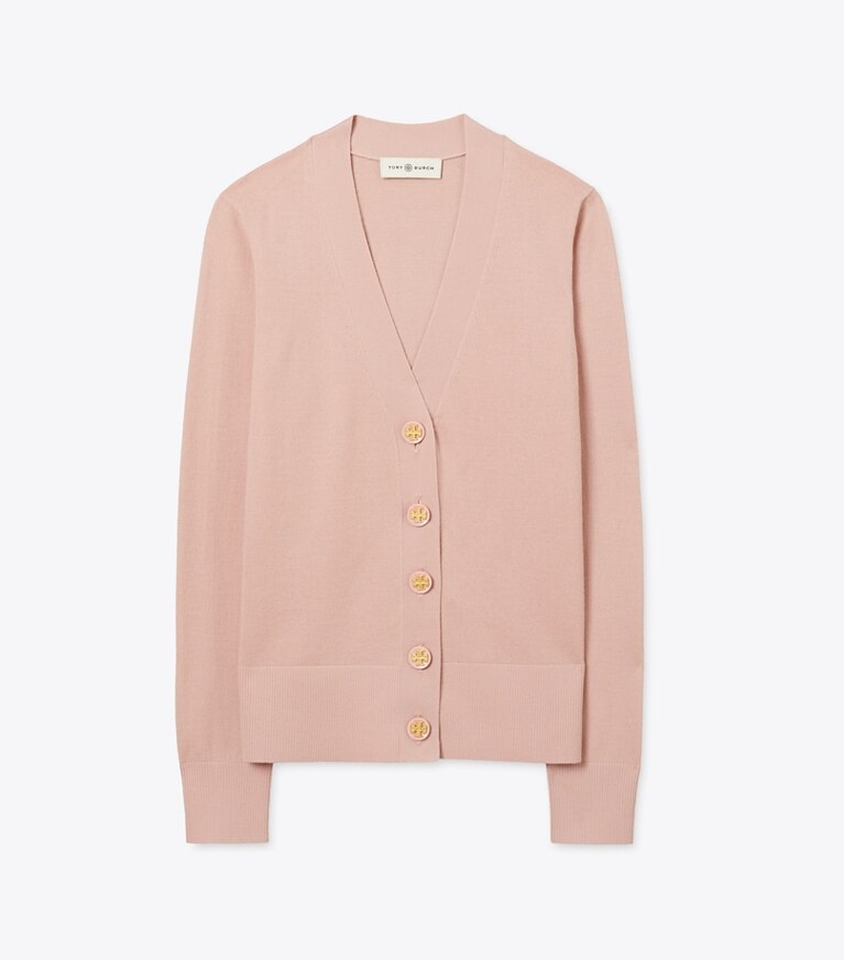 Tory Burch designer sweaters Simone Cardigan in Pink Moon front