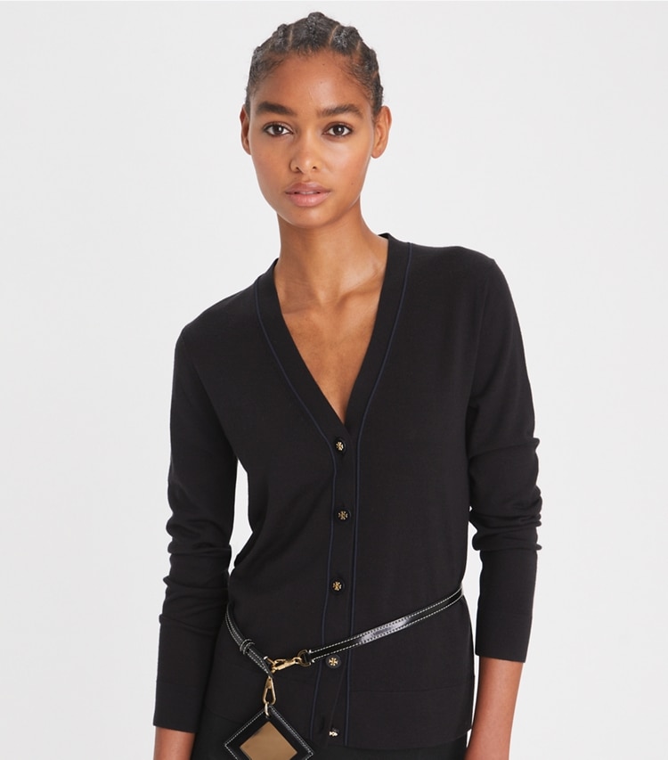 Tory Burch designer sweaters Simone Cardigan in Black on model detail