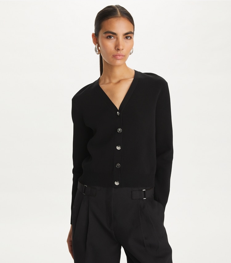 Tory Burch designer sweaters Simone Cardigan in Black on model detail