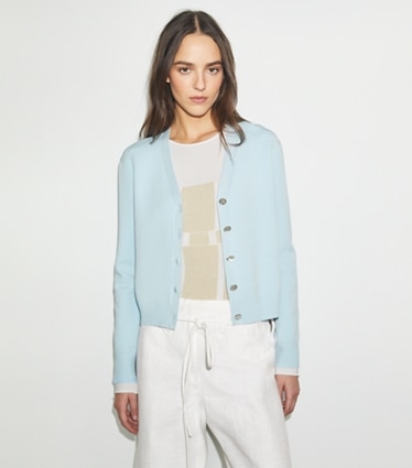 Tory Burch designer sweaters Simone Cardigan in Delicate Blue on model detail
