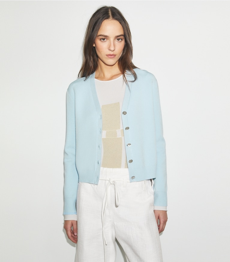 Tory Burch designer sweaters Simone Cardigan in Delicate Blue front