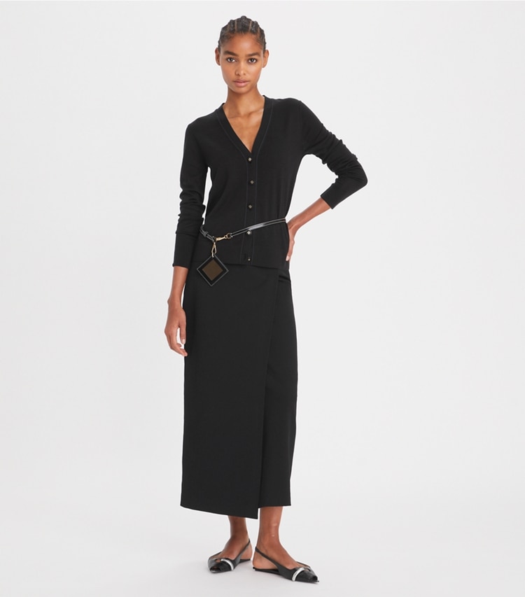 Tory Burch designer sweaters Simone Cardigan in Black on model front