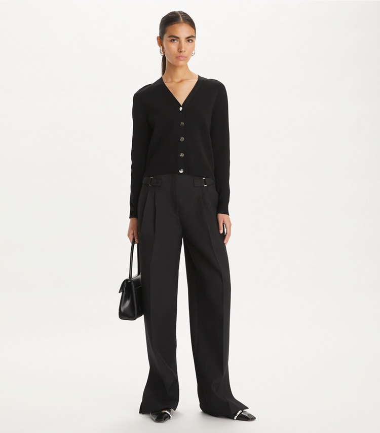 Tory Burch designer sweaters Simone Cardigan in Black on model front