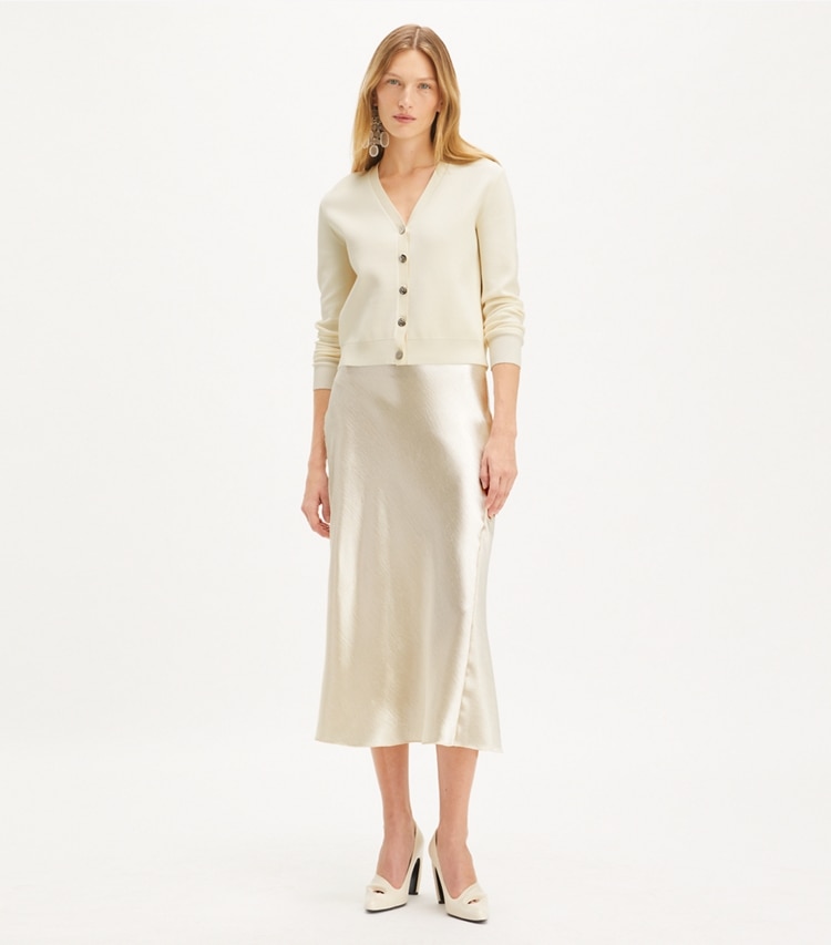 Tory Burch designer sweaters Simone Cardigan in NEW IVORY on model front