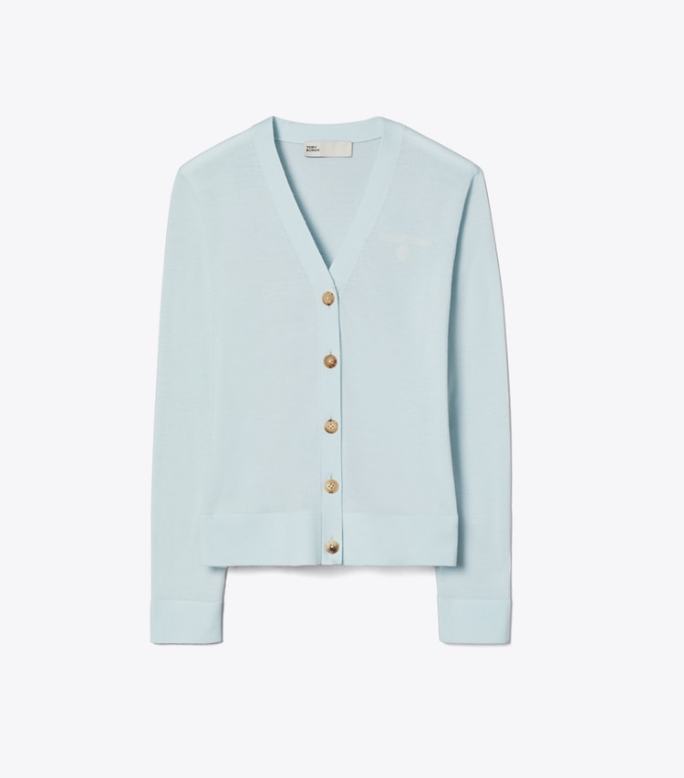 Tory Burch designer セーター シモーヌ ウール カーディガン in Misty Blue front