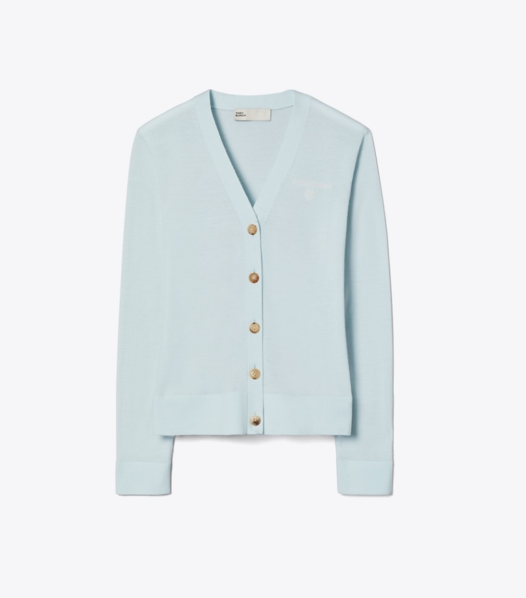 Tory Burch designer セーター シモーヌ ウール カーディガン in Misty Blue front
