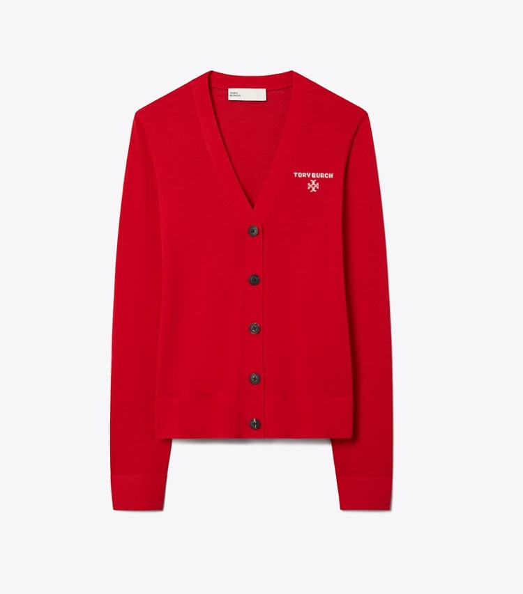Tory Burch designer セーター シモーヌ ウール カーディガン in Holly Red front