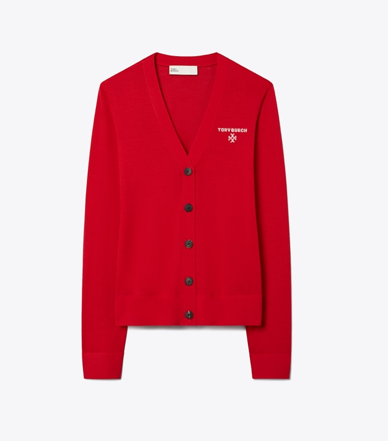 Tory Burch designer セーター シモーヌ ウール カーディガン in Holly Red front