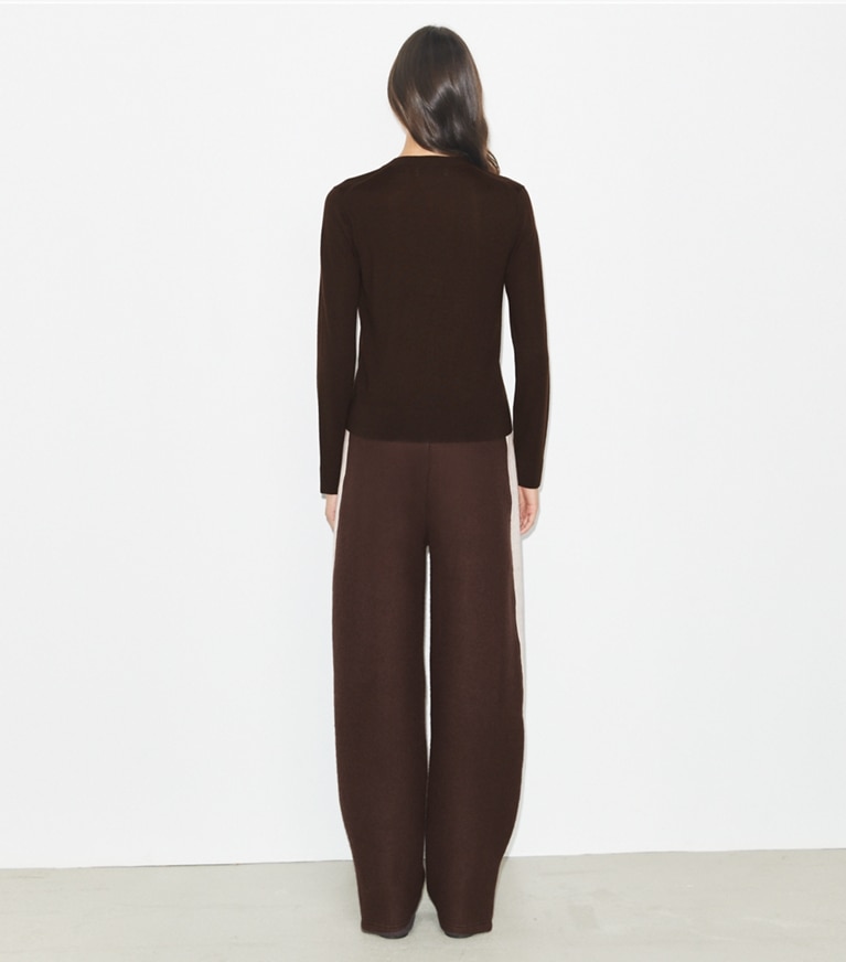 Tory Burch designer sweaters Simone Wool Cardigan in Winter Rich Brown front