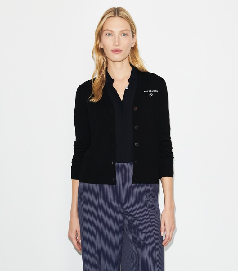 Tory Burch designer セーター シモーヌ ウール カーディガン in Black on model detail