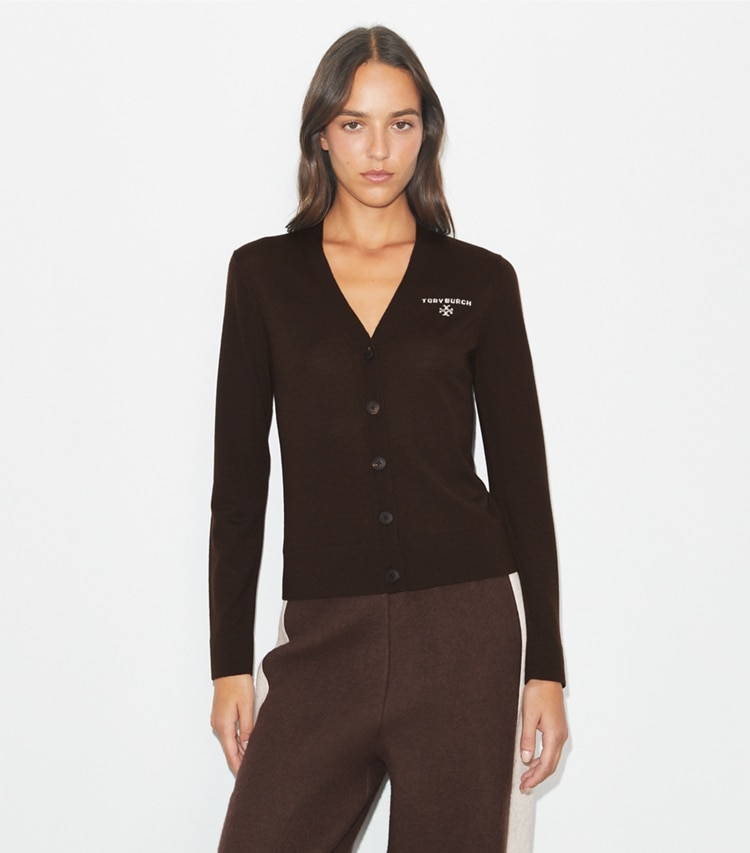 Tory Burch designer sweaters Simone Wool Cardigan in Winter Rich Brown on model detail