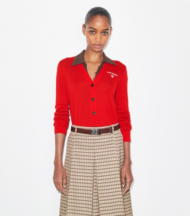 Tory Burch designer セーター シモーヌ ウール カーディガン in Holly Red on model detail