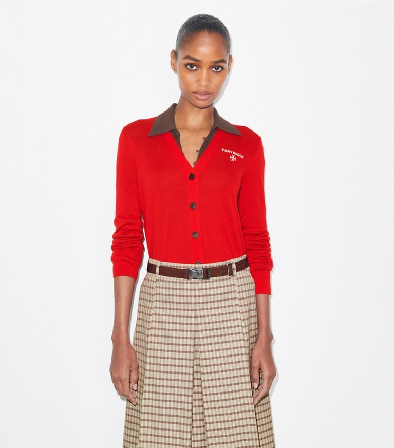 Tory Burch designer セーター シモーヌ ウール カーディガン in Holly Red front
