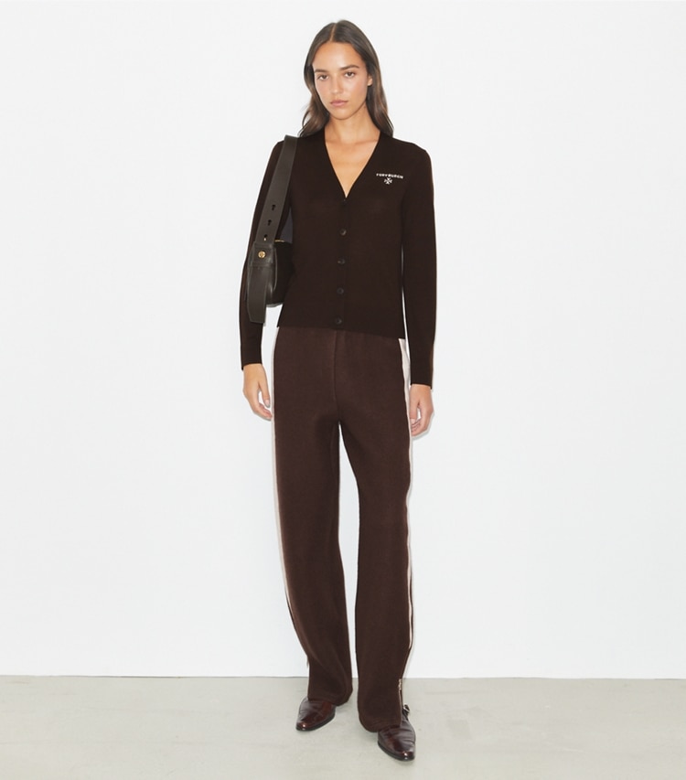 Tory Burch designer sweaters Simone Wool Cardigan in Winter Rich Brown on model front