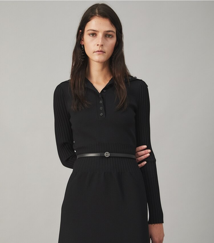 Tory Burch designer belts Skinny Embellished Logo Belt in Black accessory on model