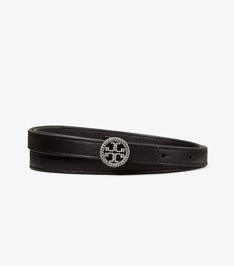 Tory Burch designer belts Skinny Embellished Logo Belt in Black front