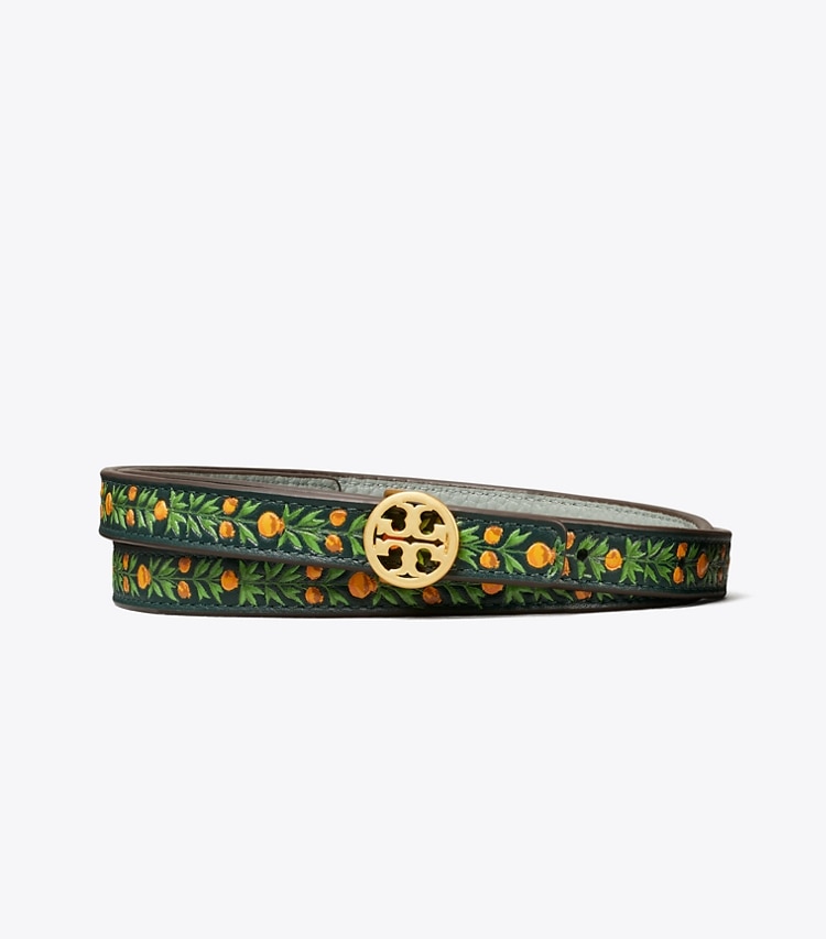 Tory Burch designer belts Skinny Printed Logo Belt in VINTAGE FERN FLORAL front