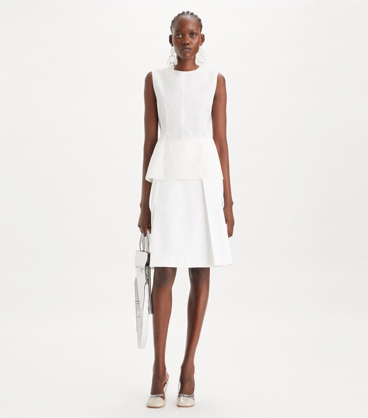 Tory Burch designer tops Sleeveless Cotton Poplin Top in White on model front