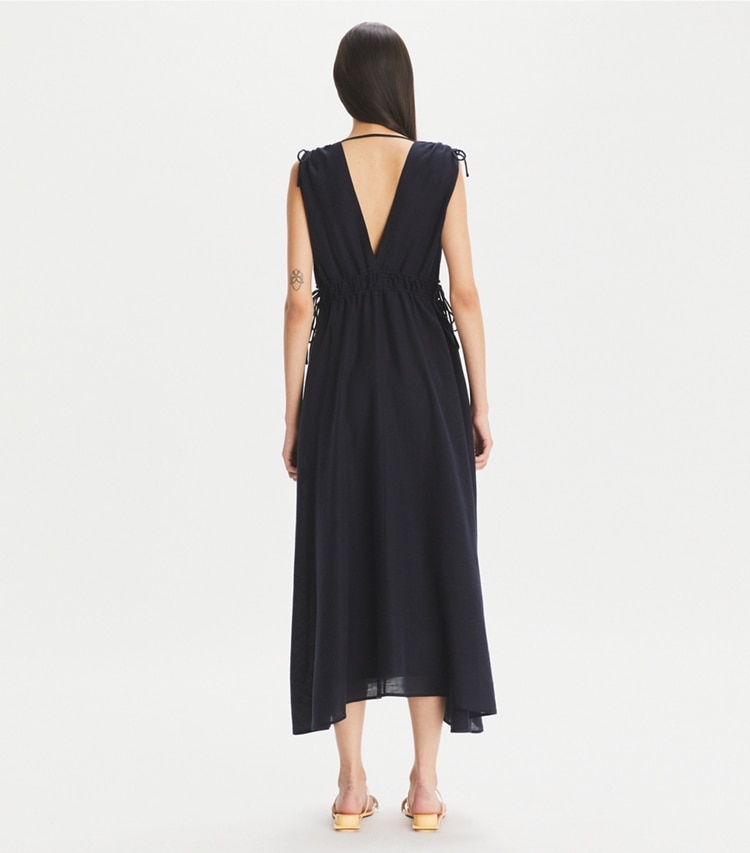 Tory Burch designer coverups Sleeveless Smocked Dress in Medium Navy on model back