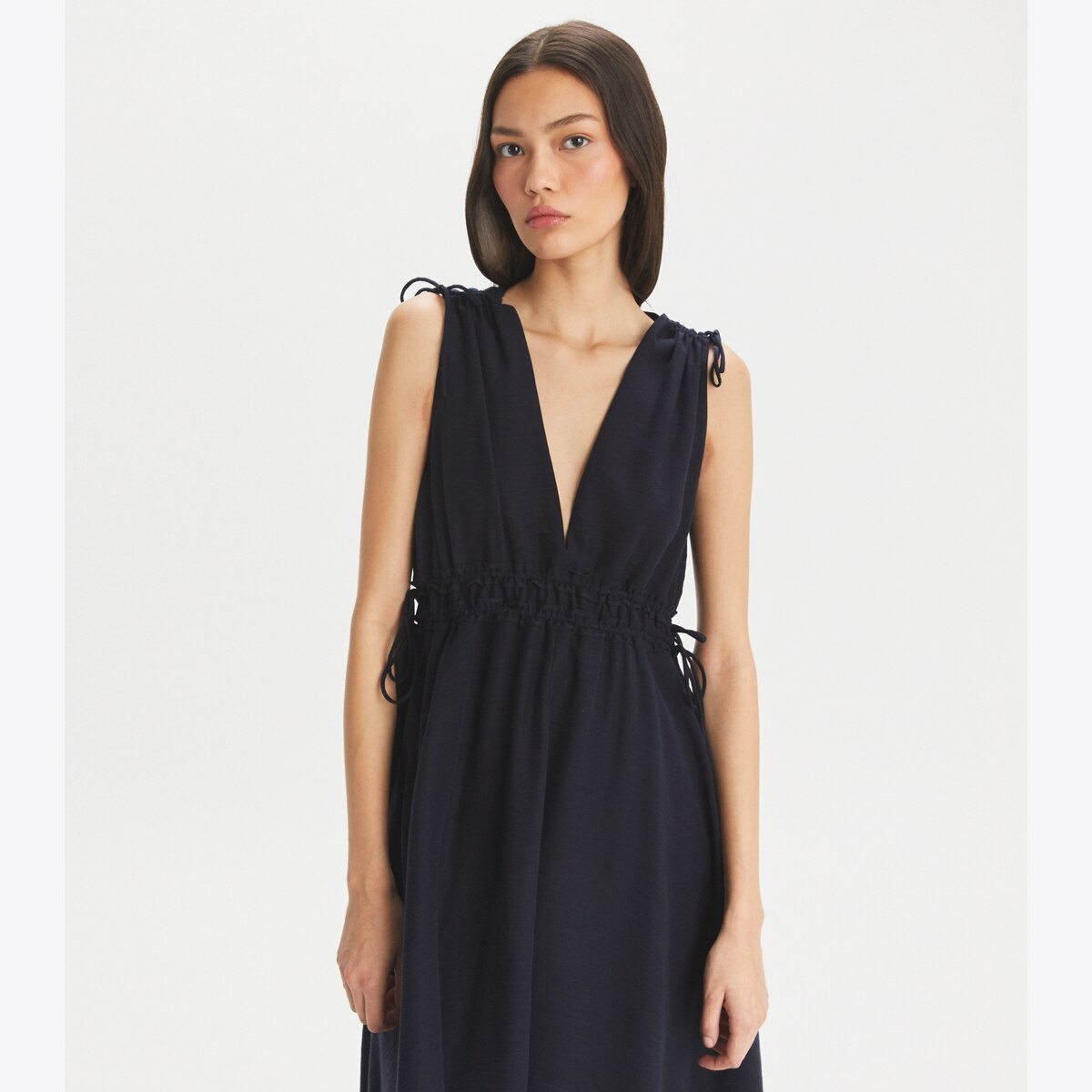 【Tory Burch】ノースリーブ スモックミディドレス＊関税/送料込 シルクフロント-ポロドレス-