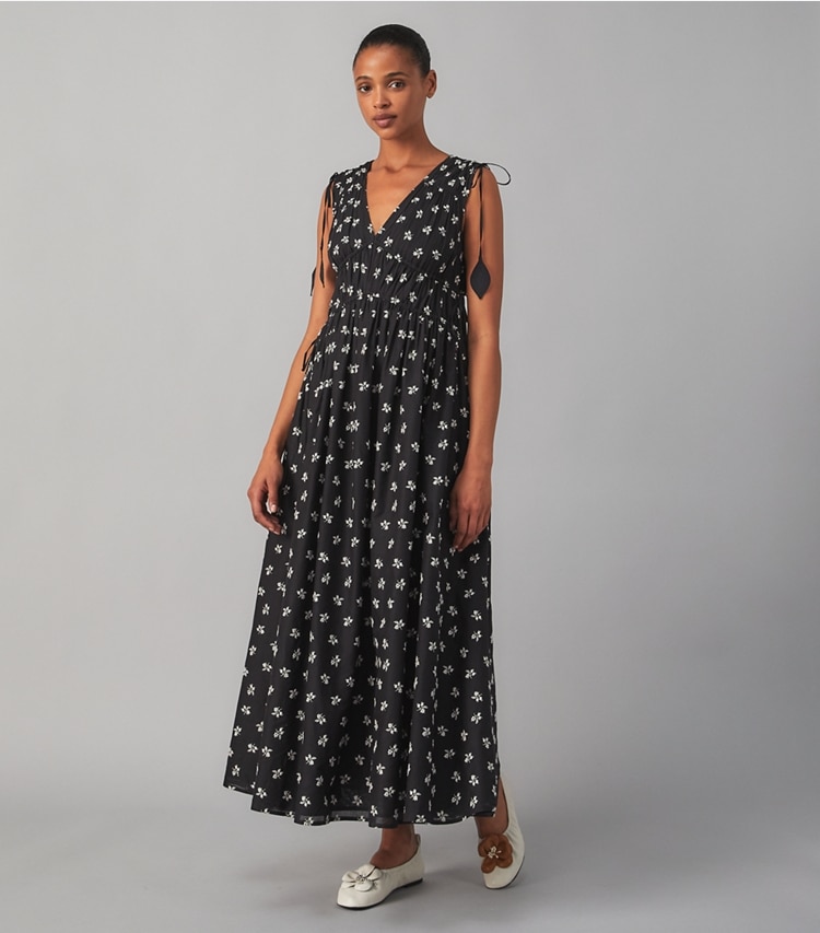 Tory Burch designer dresses Sleeveless Tie Dress in BLACK / NEW IVORY on model front