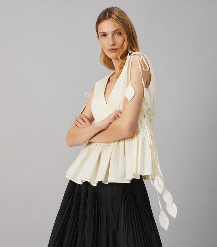 Tory Burch designer tops Sleeveless Tie Top in NEW IVORY on model detail