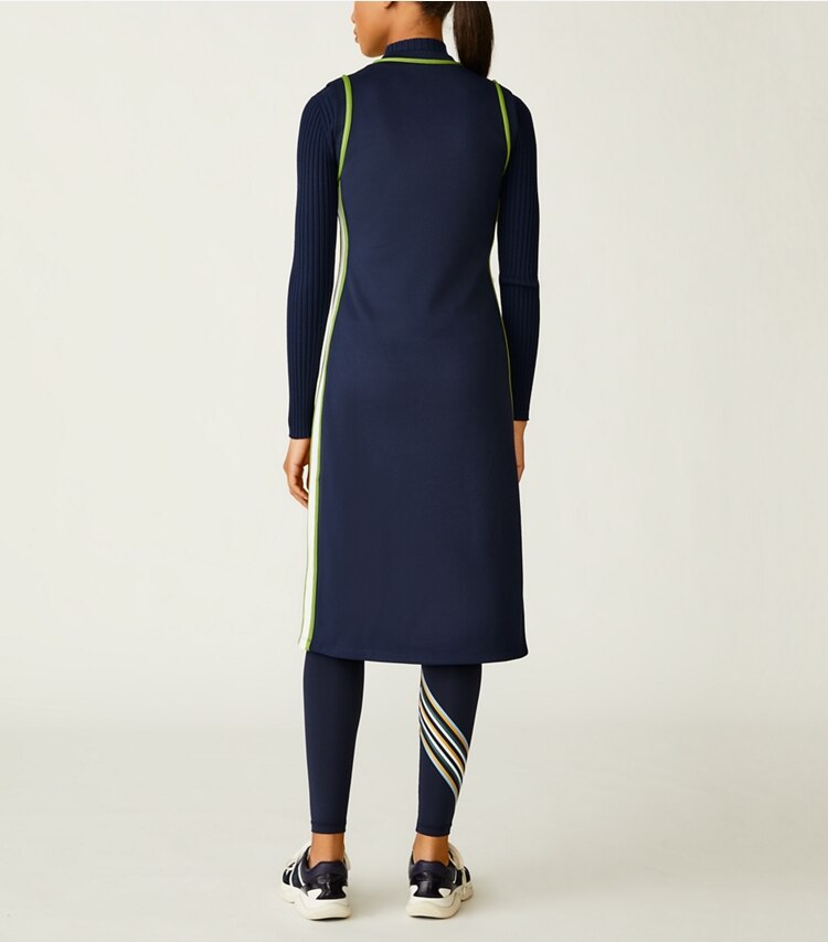 Tory Sport designer dresses Sleeveless Track Dress in Tory Navy / New Ivory on model back