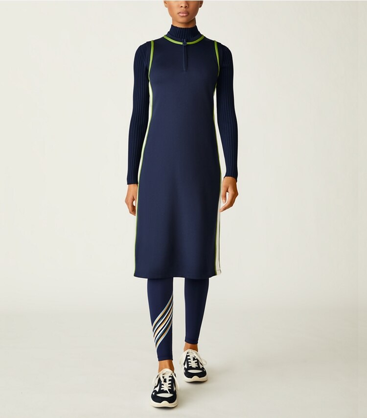 Tory Sport designer dresses Sleeveless Track Dress in Tory Navy / New Ivory on model front