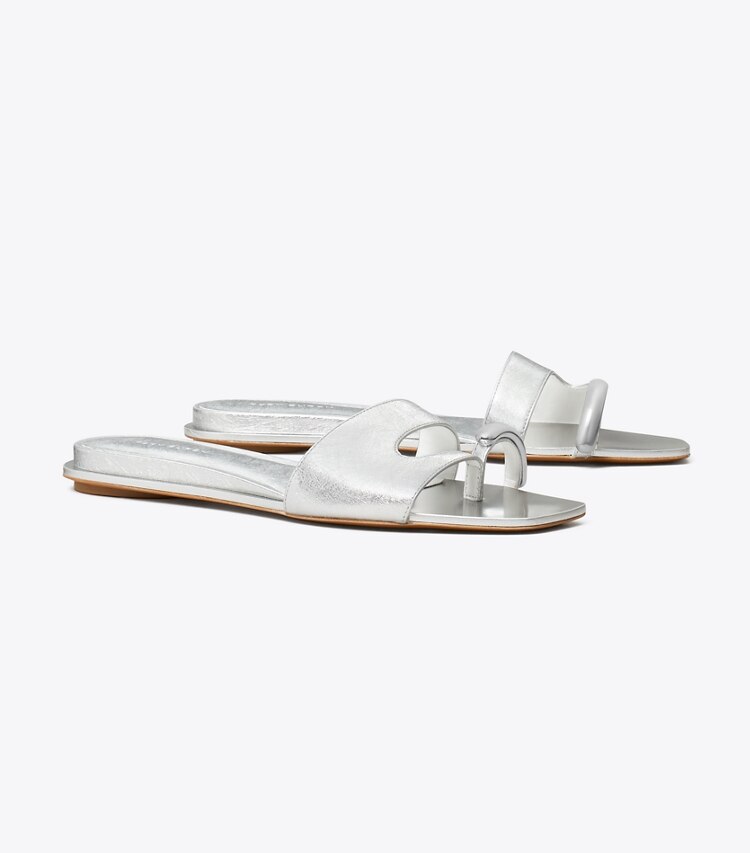 Tory Burch designer sandalen Slide mit Piercing-Detail in BRIGHT SILVER / SILVER angle