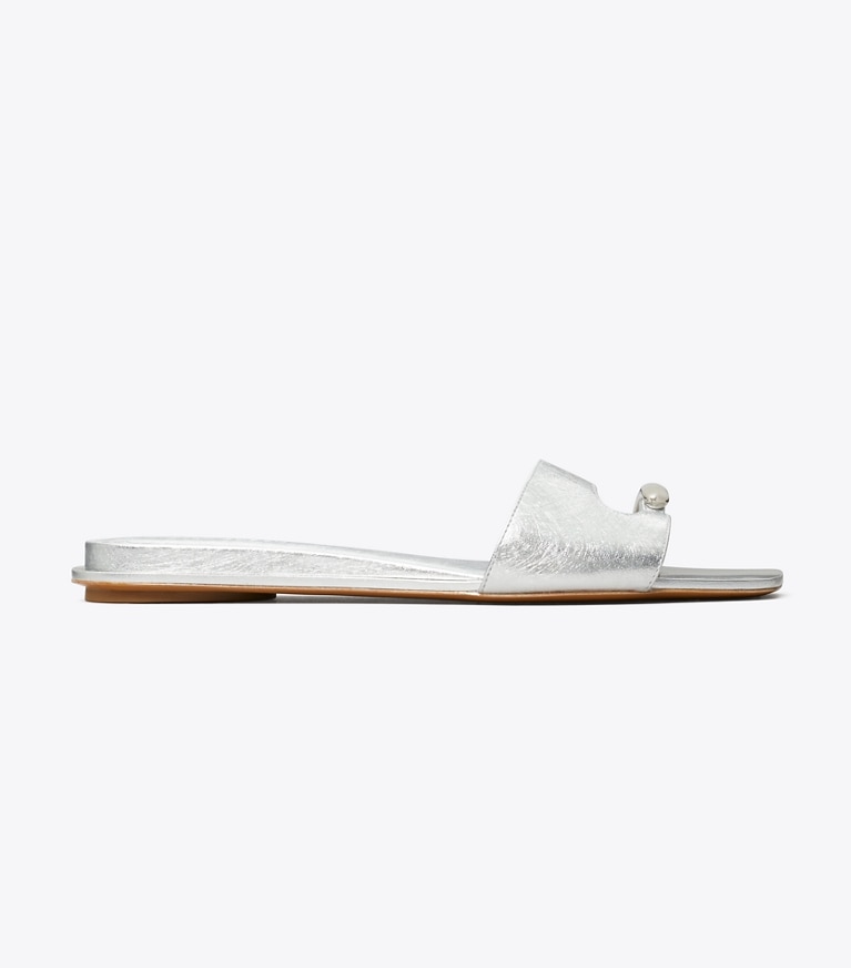 Tory Burch designer sandalen Slide mit Piercing-Detail in BRIGHT SILVER / SILVER angle
